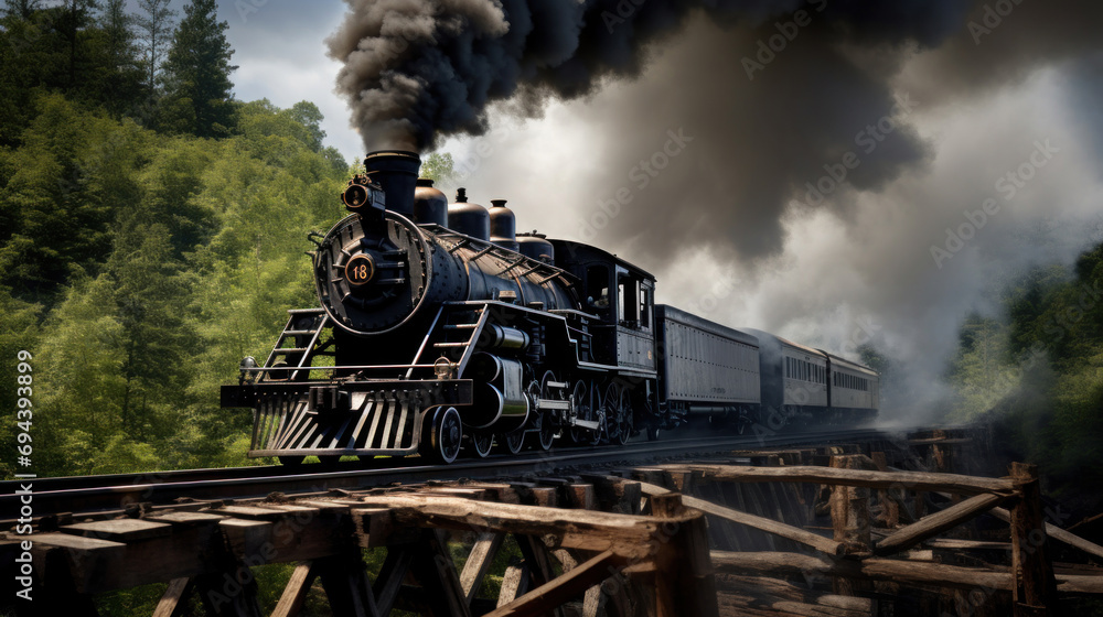 Naklejka premium Majestic Black Steam locomotive belching smoke as it goes over a trestle during the American