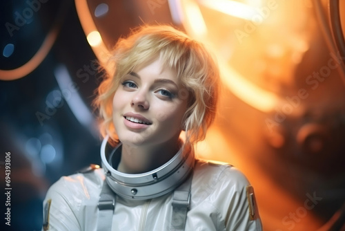 young woman skinhead blonde hair in the spacesuit photo