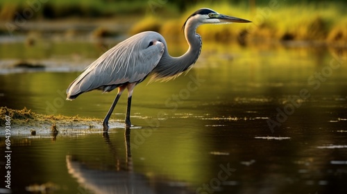 A heron wading in shallow waters  hunting for its next meal.