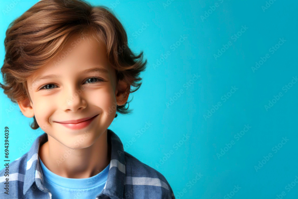 Portrait of a cheerful smiling boy of 10 years old on blue background. ai generative Portrait of a cheerful smiling boy of 10 years old on blue background. ai generative