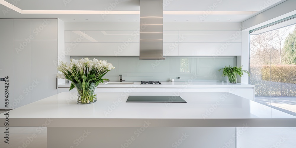 Fototapeta premium Contemporary white kitchen with minimal design