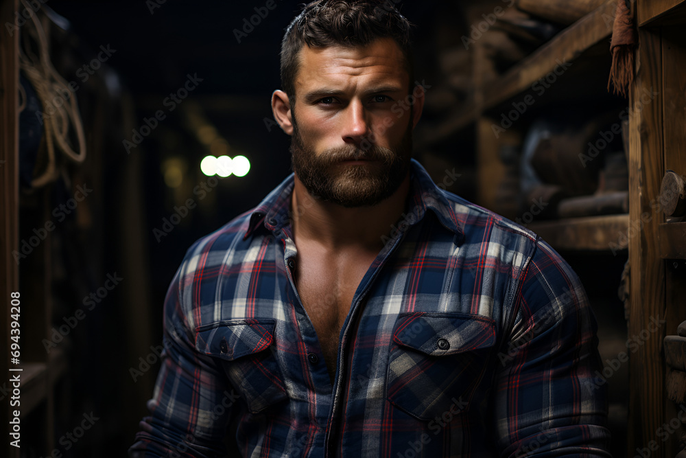 A muscular, brutal man with a beard and mustache in a blue plaid shirt, a dark close-up portrait. A muscular, brutal man with a beard and mustache in a blue plaid shirt, a dark close-up portrait.