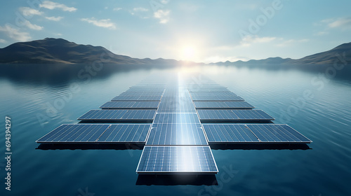 Aerial view of solar panels in an environment of ocean, mountains with sun shining. Future sustainable energy concept.