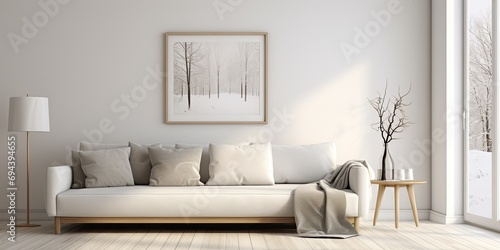 White minimalist living room with gray accents, painting, sofa, lamp, scandinavian coffee table and window, viewed from the side.