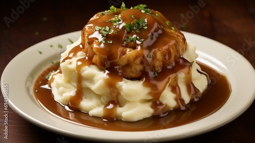 A luscious swirl of golden-brown gravy elegantly cascading over a mound of mashed potatoes, creating a mouthwatering masterpiece.