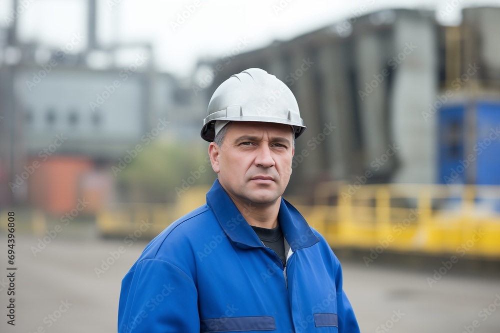 Professional industrial worker in a blue jacket and silver hard hat at an industrial site. Professional industrial worker in a blue jacket and silver hard hat at an industrial site.