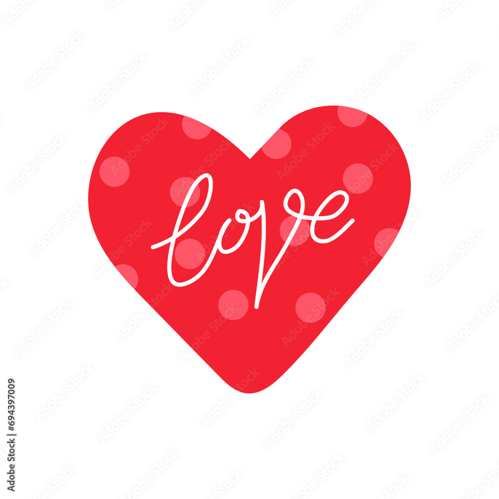 Red heart with a polka dot pattern and inscription love. Vector illustration Red heart with a polka dot pattern and inscription love. Vector illustration