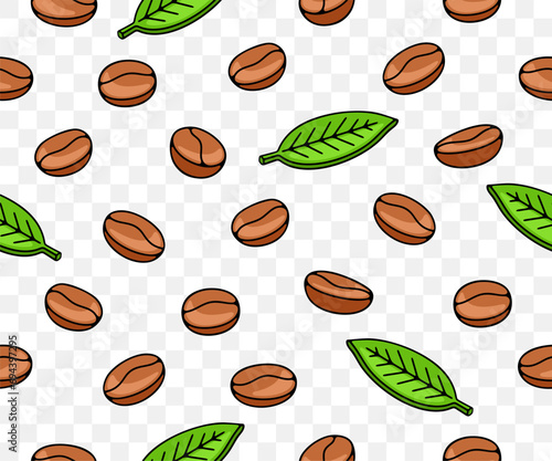 Coffee beans with leaf and plant, seamless vector background and pattern. Food, hot drink, beverage, cafes, coffee house and coffee shop, vector design and illustration