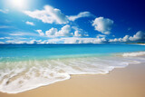 A sandy beach with a blue sky and white clouds. Generative AI