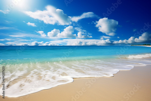 A sandy beach with a blue sky and white clouds. Generative AI © Paradoxx