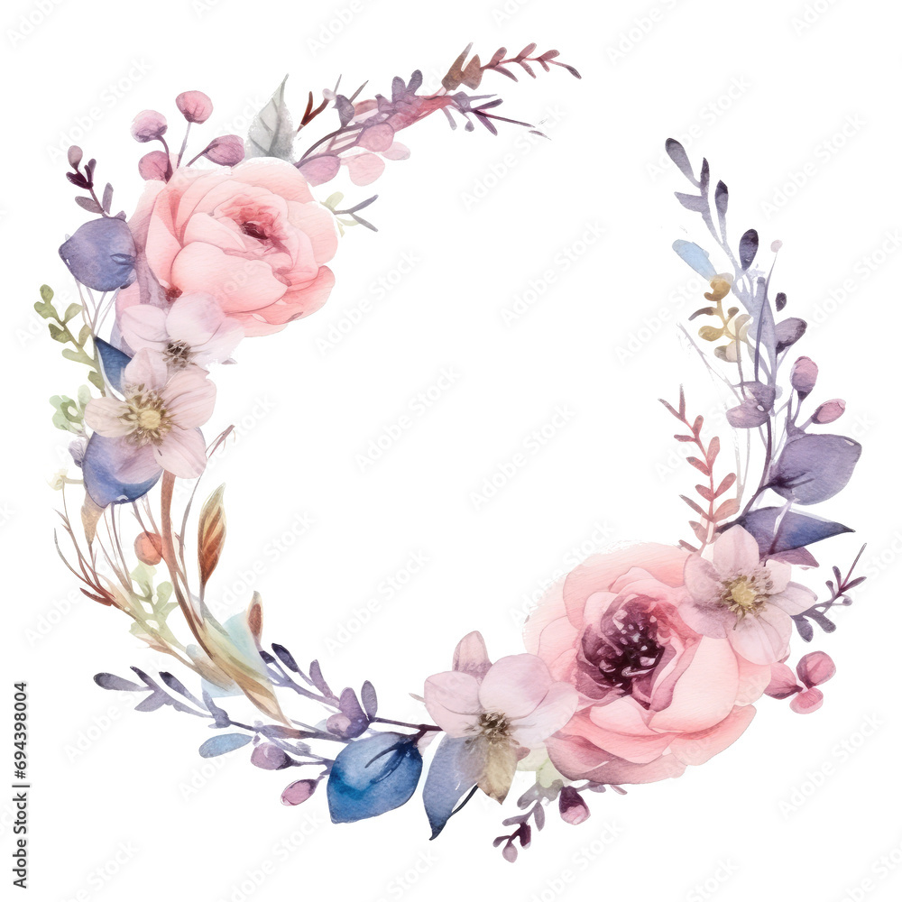 Watercolor wedding circle frame, delicate colors, offering a romantic and stylish backdrop. isolated