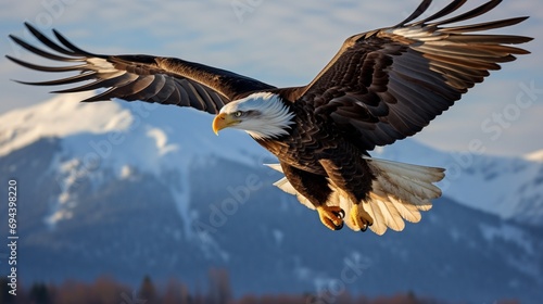 A majestic bald eagle taking off, mountains in the distant background.