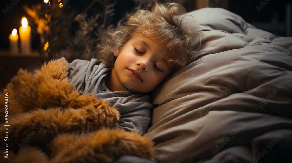 Little boy sleeping relaxed in his bed. Blonde toddler sleeping peacefully and relaxed in his room. Concept of dream and happy children. Kid sheltered in his bed.