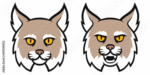 Cartoon bobcat head set. Traditional comic style lynx, roaring and calm, sports mascot. Isolated vector illustration. photo