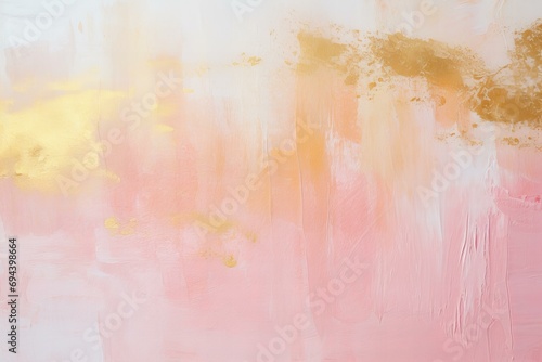 photo of watercolor textured brush strokes on a textured white paper, pastel peach, pink, metallic gold, memphis style