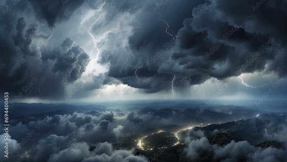 Fototapeta premium multiple lightning bolts against dark cloudy sky in storm