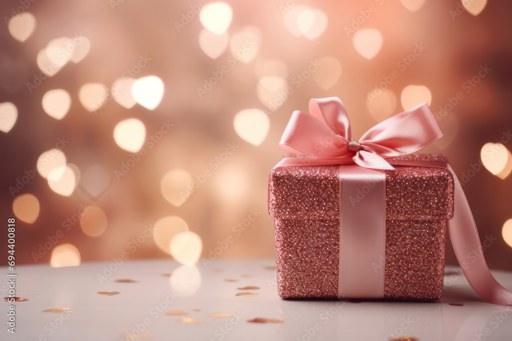 Cozy composition with shiny gift box and pink bow ribbon against bokeh lights background. Valentine day or birthday fashion card. - obrazy, fototapety, plakaty 