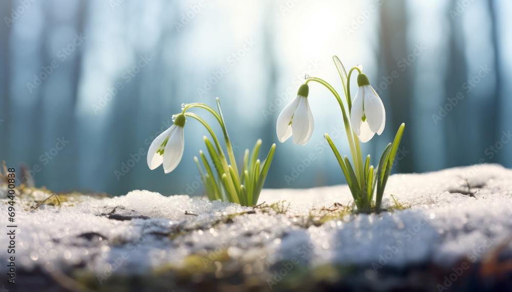 Snowdrop flowers growing in snowdrift in early spring. Beautiful springtime nature background. - obrazy, fototapety, plakaty 