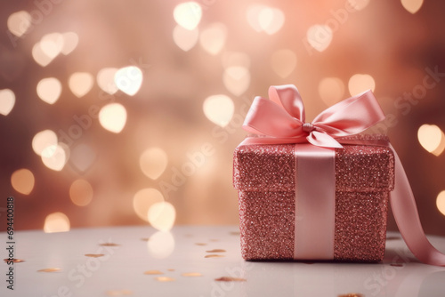 Cozy composition with shiny gift box and pink bow ribbon against bokeh lights background. Valentine day or birthday fashion card. photo