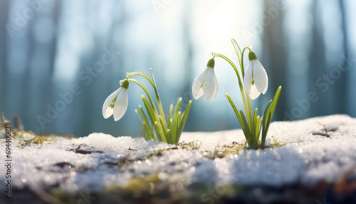 Snowdrop flowers growing in snowdrift in early spring. Beautiful springtime nature background.