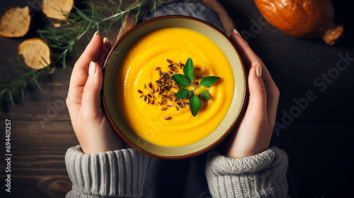 Female hands in yellow knitted sweater holding a bowl with pumpkin cream soup on dark stone background created with Generative Ai