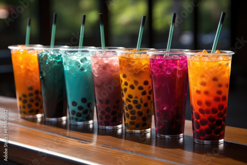 Boba Tea Assortment, Row of colourful Bubble Tea, Drinks of different colors photo