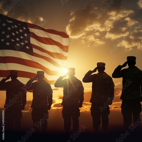  American soldiers saluting the USA flag with a sunset backdrop.
