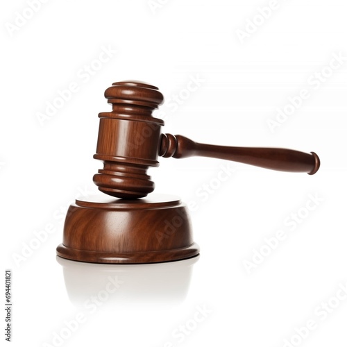  A stern judge in robes wields a wooden gavel on a stark white background.