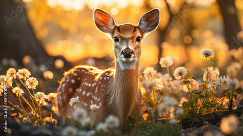 Sunlit Deer Among Spring Wildflowers in Forest