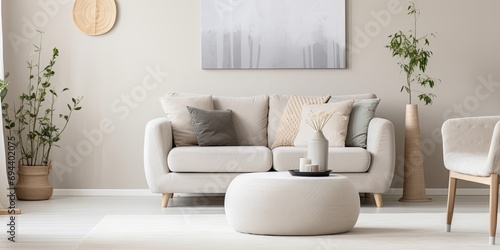 Place pouf near beige settee with pillows in white round carpeted living room with silver painting photo