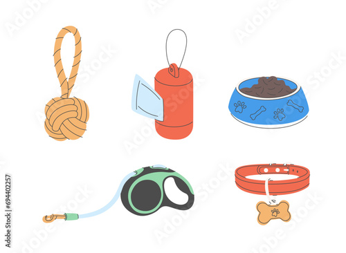 Various Dog Supplies and Equipment. Food, toys, home, collar, leash, tag, bone. Pet shop or store concept. Dog toys