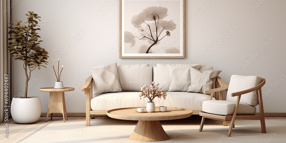 Creative living room interior design with mock up poster frame, boucle sofa, wooden coffee table, round carpet, white armchair, magnolia, and personal accessories. Creative living room interior design with mock up poster frame, boucle sofa, wooden coffee table, round carpet, white armchair, magnolia, and personal accessories.