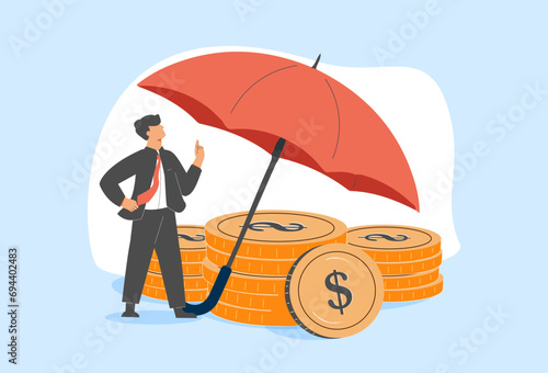 Financial insurance. Character protects finances by insurance against loss of money. Business and finance concept.