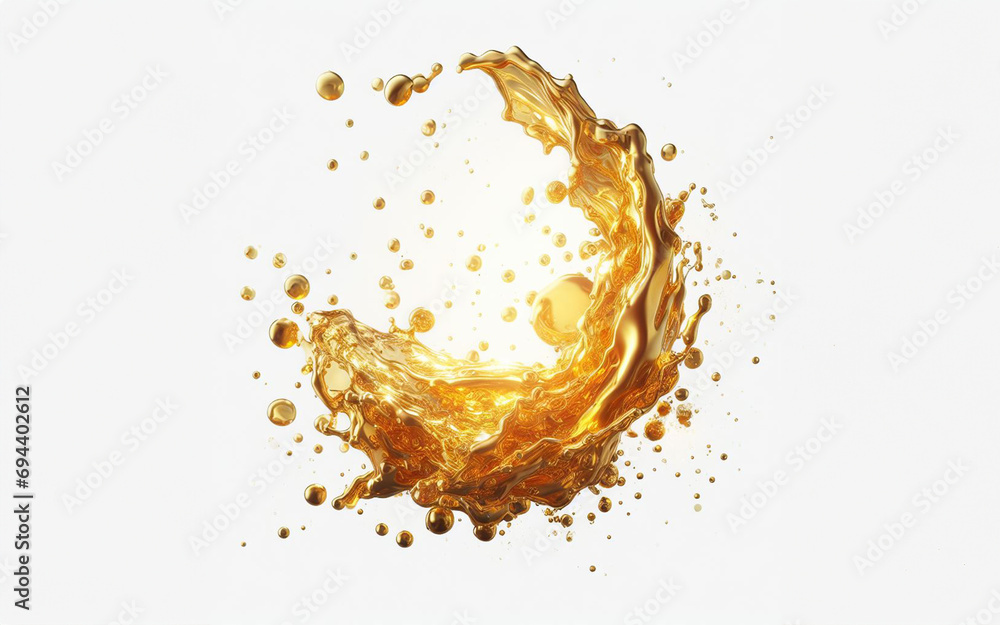 Vegetable oil floating in the air Golden water splashes Water drops on white background. Golden oil. Vegetable oil floating in the air Golden water splashes Water drops on white background. Golden oil.