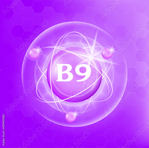 Vitamin B9 icon structure purple substance of butterfly pea. Medicine health symbol of thiamine. Drug business concept. Vector Illustration. 3D. Complex with chemical formula. Personal care, beauty.	
