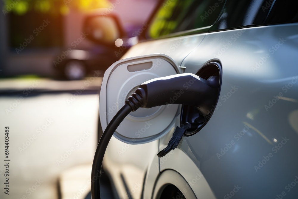 hand plugging in charging Electric car charging battery at EV charger station. Green energy power. Generative AI. hand plugging in charging Electric car charging battery at EV charger station. Green energy power. Generative AI.