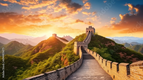 The Great Wall of China at the sunrise. Ai generative. photo