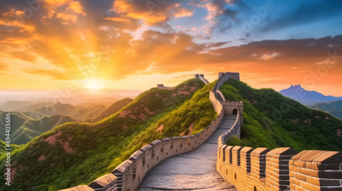 The Great Wall of China at the sunrise. Ai generative. photo