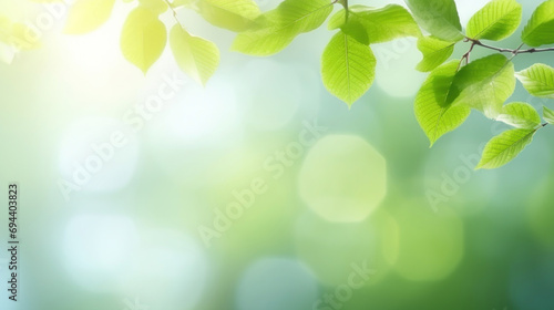 Spring background  green tree leaves on blurred background. Ai Generative.