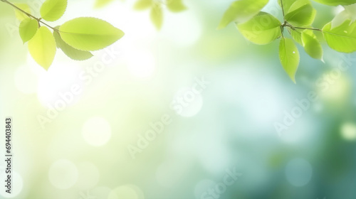 Spring background, green tree leaves on blurred background. Ai Generative.