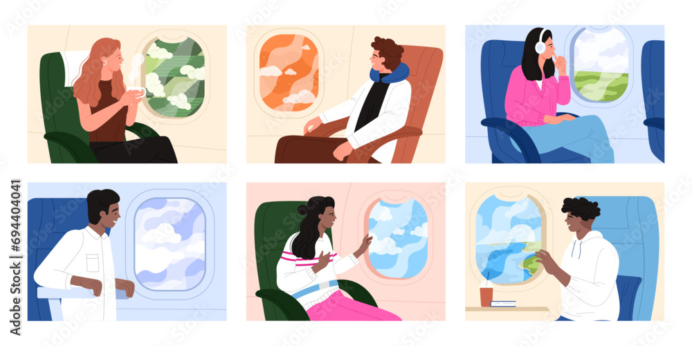 Passengers travel by air plane, people sitting by window set. Male and female character looking outside porthole at clouds of sky, man and woman in airplane during flight cartoon vector illustration