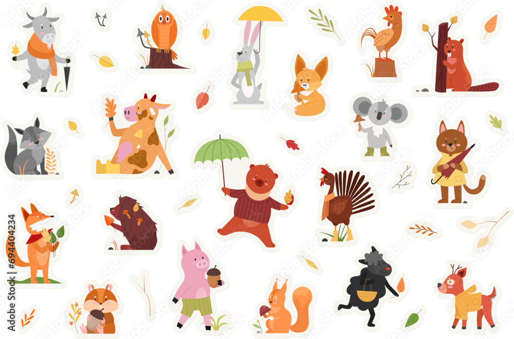 Animals from autumn forest, sticker pack set vector illustration. Cartoon wild flowers, woodland leaves and mushroom, animals and birds in childish scrapbook design collection. Fall season concept