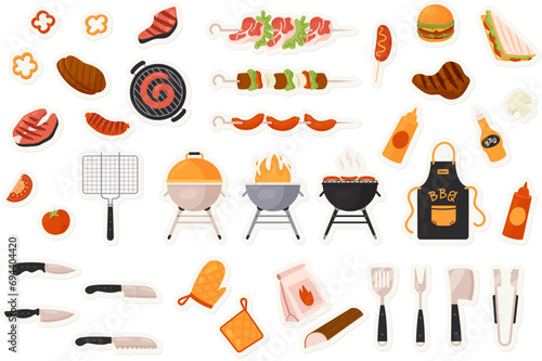 BBQ grill food stickers set for social media chat or sms isolated vector illustration. Cartoon pig and cow barbecue sausages, kebab menu to eat on picnic party, cooking tools. Fastfood concept