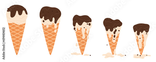 Ice cream choco melts set, sequence game animation of melting frozen chocolate sundae ball in waffle cone. Animated stages of dripping soft ice cream, melted dessert cartoon vector illustration