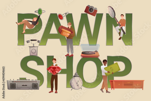 Pawnshop banner, poster design. Tiny people buy and sell antique or jewelry in store of pawnbroker, holding expensive item and magnifying glass near text of Pawn shop, cartoon vector illustration