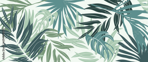 Abstract foliage botanical background vector. Green watercolor wallpaper of tropical plants, palm leaves, leaf branches. Foliage design for banner, prints, decor, wall art, decoration, fabric.