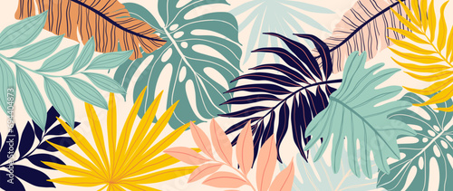 Tropical leaves background vector. Botanical foliage banner design hand drawn colorful palm leaf, monstera leaves line art. Design for wallpaper, cover, cards, packaging, flyer, fabric. photo