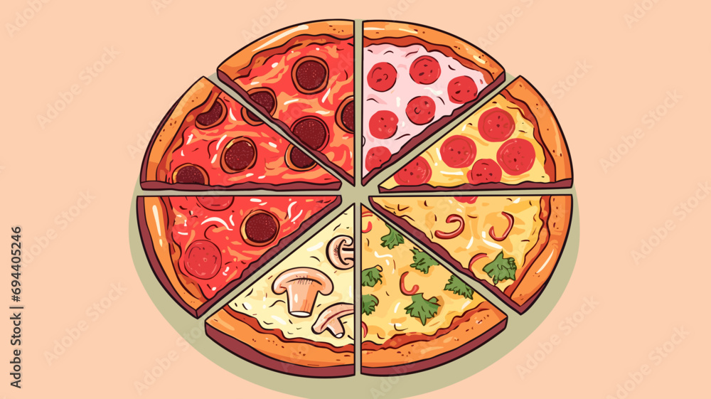 copy space, illustration, tasty pizza, top view. Beautiful background for national pizza day, italian restaurant menu or pizzeria. Traditional Italian food. National pizza day.