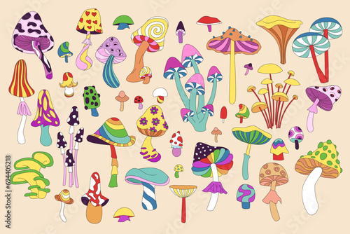 Groovy psychedelic mushrooms set. Retro funky stickers of magic toadstool and rainbow fungus, funny fly agaric for vintage witchcraft, hallucination trip or hippy party cartoon vector illustration