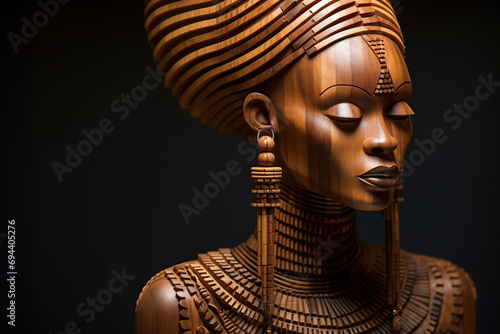 Wooden sculpture of african woman in her traditional dress, handicraft statue photo
